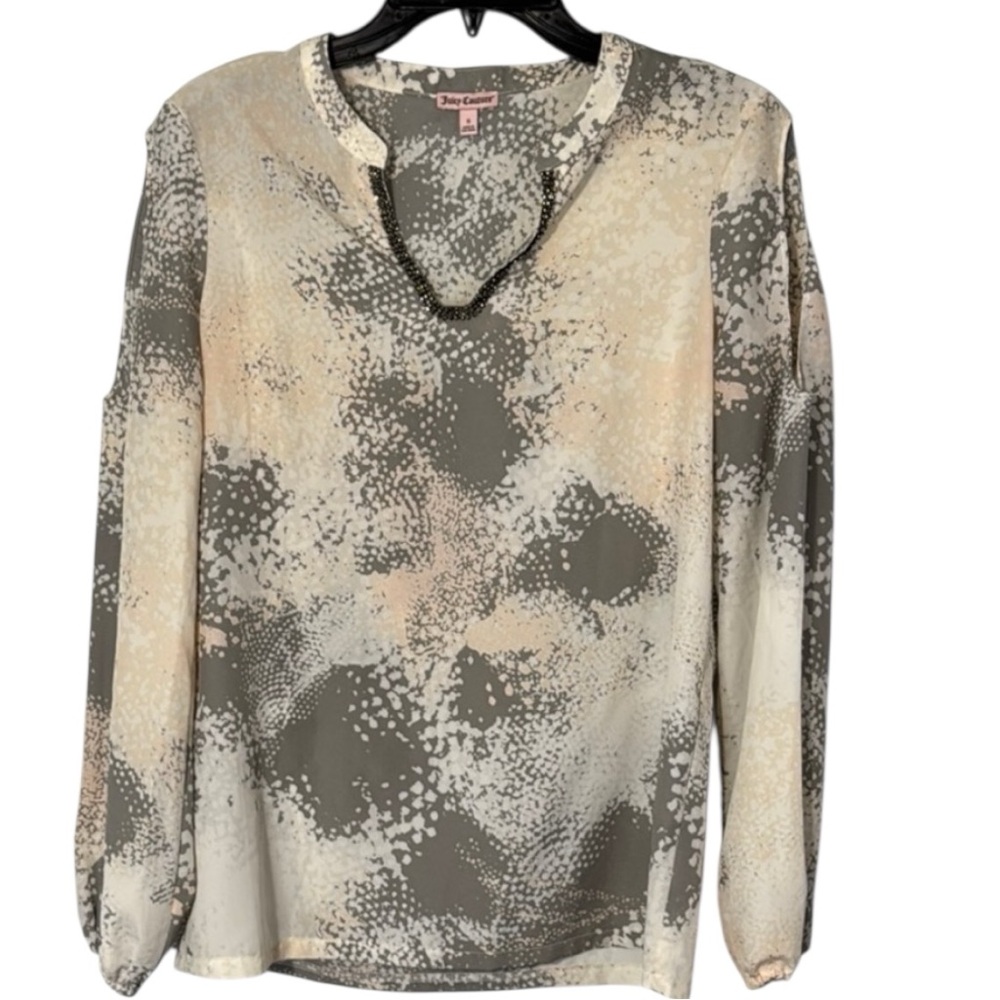 Juicy Couture Top Cream/Gray‎ Embellished Split Neckline in Size S  EUC